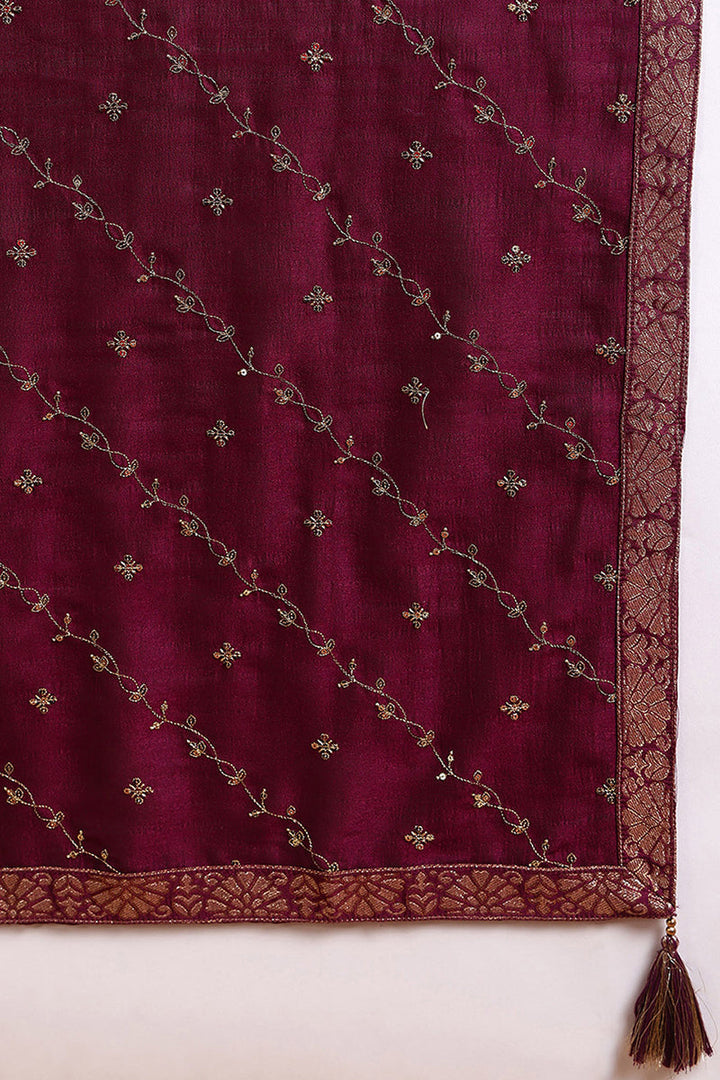 Silk Blend Wine Embroidered Straight Kurta Pant With Dupatta  | SHOBITAM