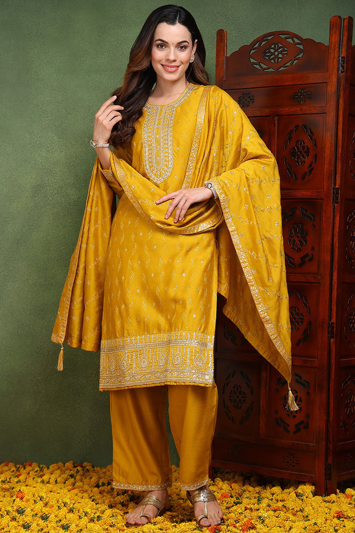 Silk Blend Mustard Embroidered Straight Kurta Pant With Dupatta   | SHOBITAM
