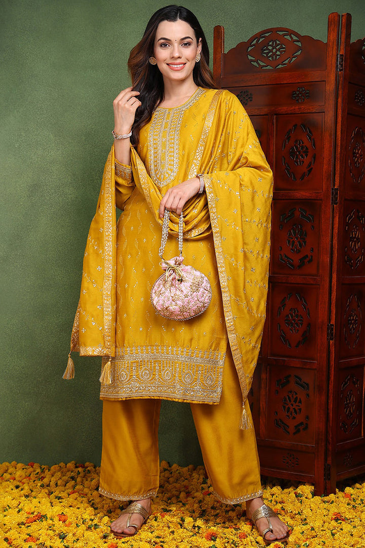 Silk Blend Mustard Embroidered Straight Kurta Pant With Dupatta   | SHOBITAM