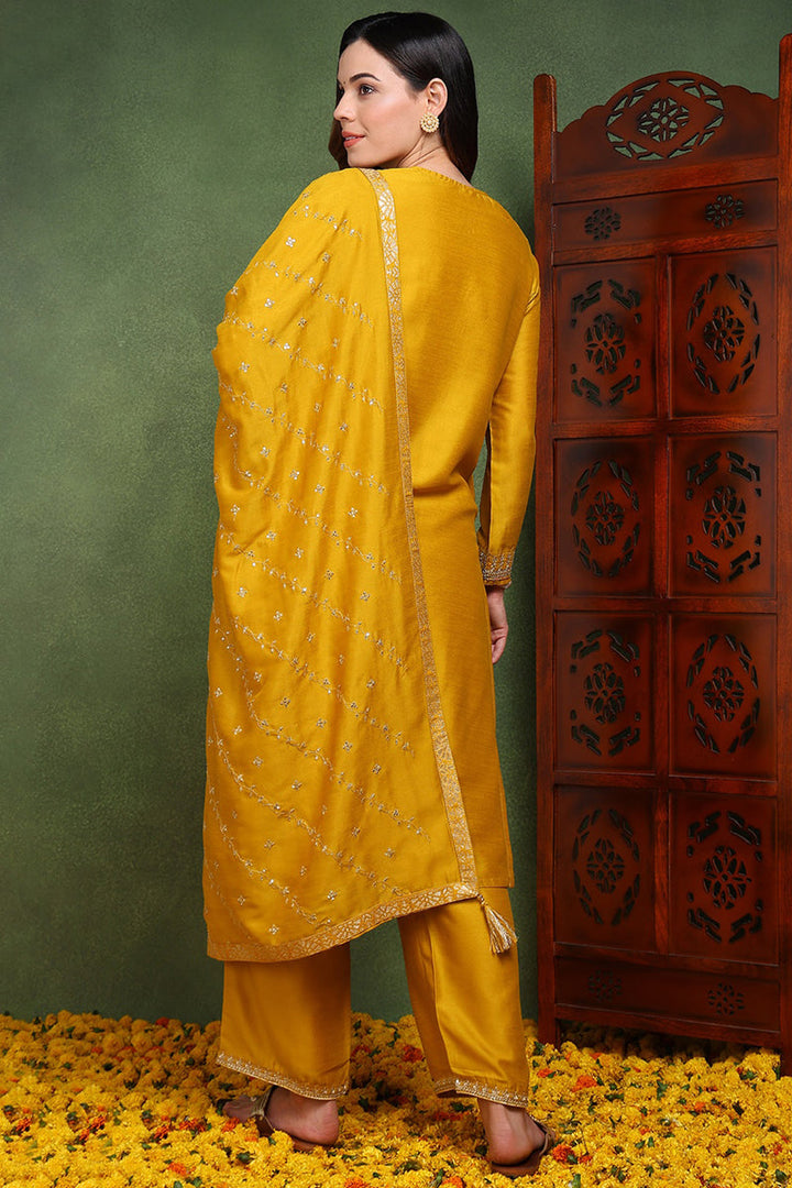 Silk Blend Mustard Embroidered Straight Kurta Pant With Dupatta   | SHOBITAM