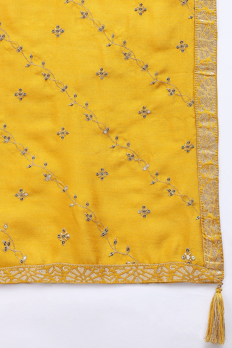 Silk Blend Mustard Embroidered Straight Kurta Pant With Dupatta   | SHOBITAM