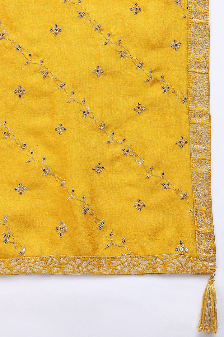 Silk Blend Mustard Embroidered Straight Kurta Pant With Dupatta   | SHOBITAM