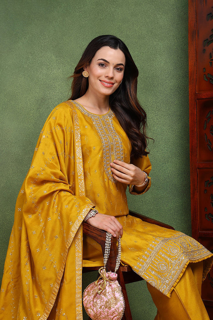 Silk Blend Mustard Embroidered Straight Kurta Pant With Dupatta   | SHOBITAM