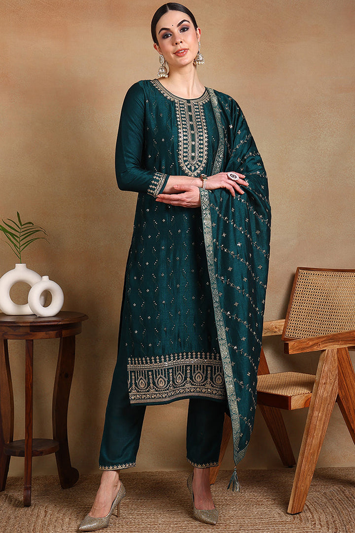 Green Silk Blend Embroidered Straight Suit Set | SHOBITAM