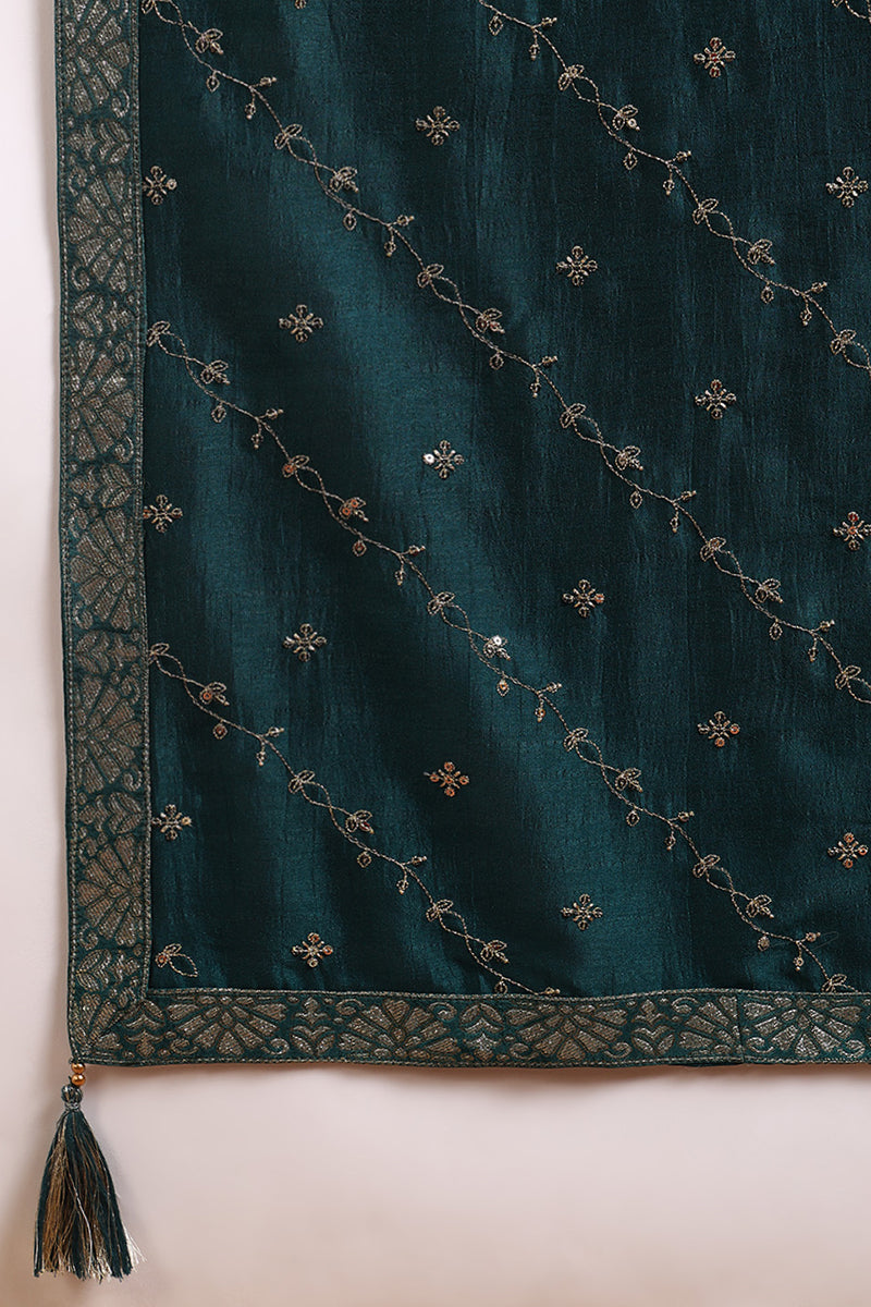 Green Silk Blend Embroidered Straight Suit Set | SHOBITAM