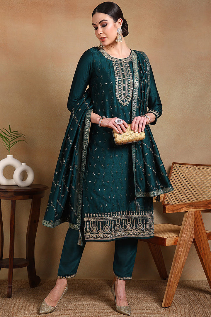 Green Silk Blend Embroidered Straight Suit Set | SHOBITAM