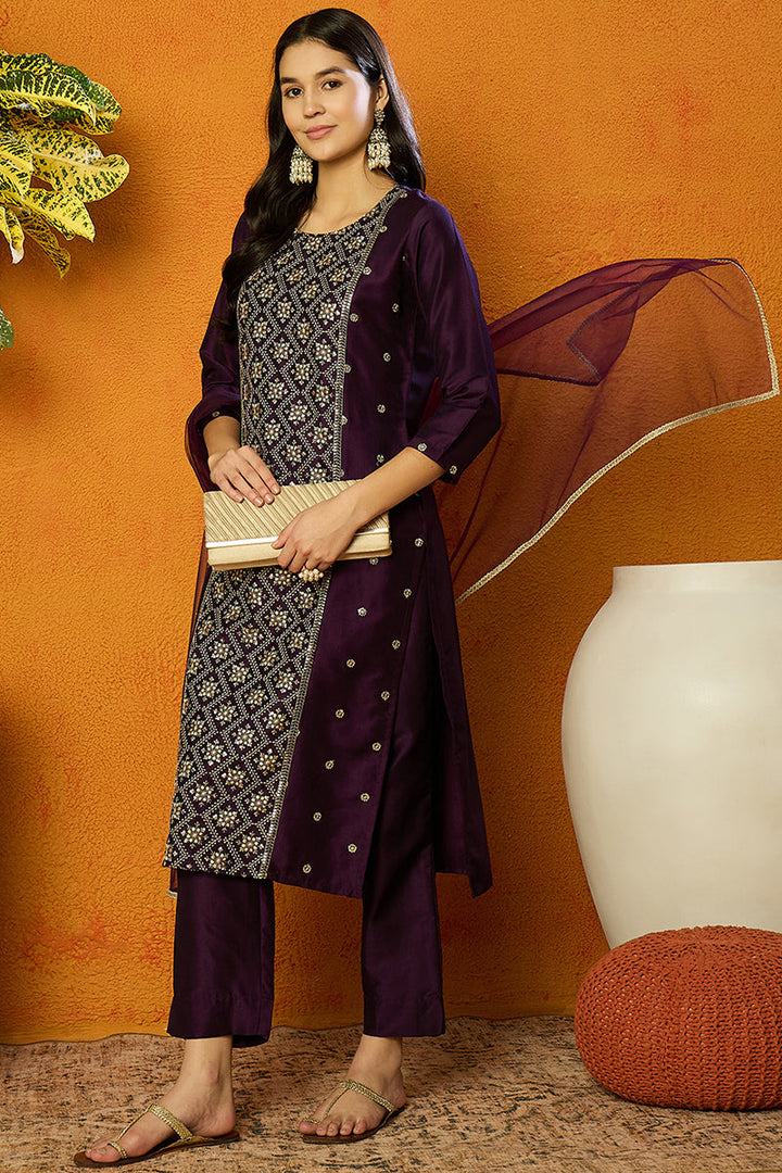 Purple Silk Blend Ethnic Motifs Straight Suit Set | SHOBITAM