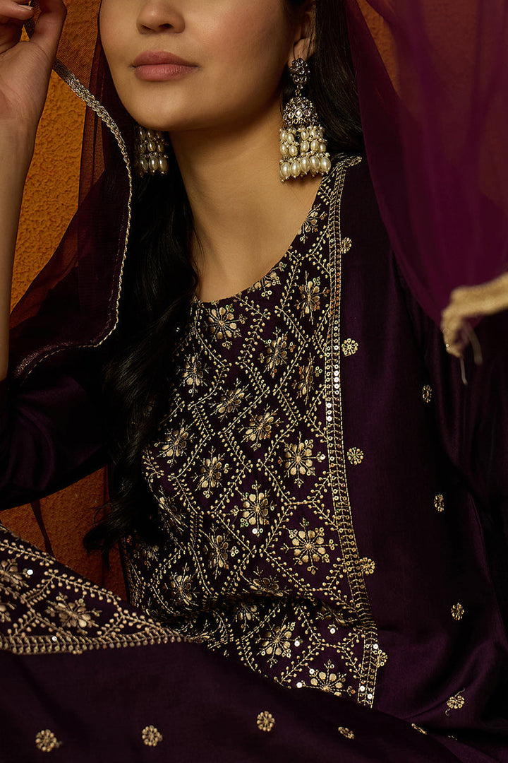 Purple Silk Blend Ethnic Motifs Straight Suit Set | SHOBITAM