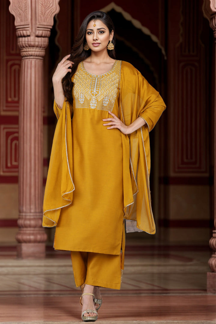 Mustard Silk Blend Straight Kurta Palazzo With Dupatta | SHOBITAM