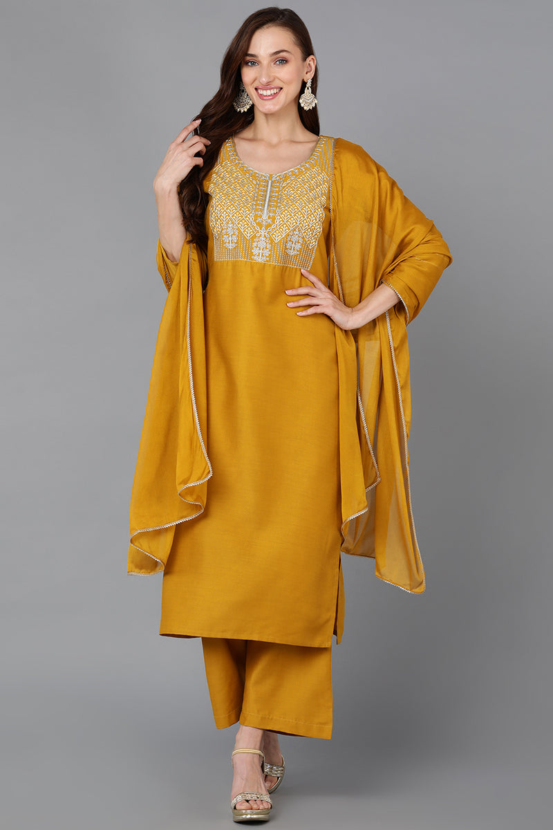 Mustard Silk Blend Straight Kurta Palazzo With Dupatta | SHOBITAM