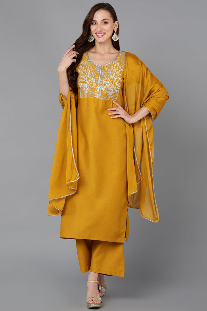 Mustard Silk Blend Straight Kurta Palazzo With Dupatta | SHOBITAM