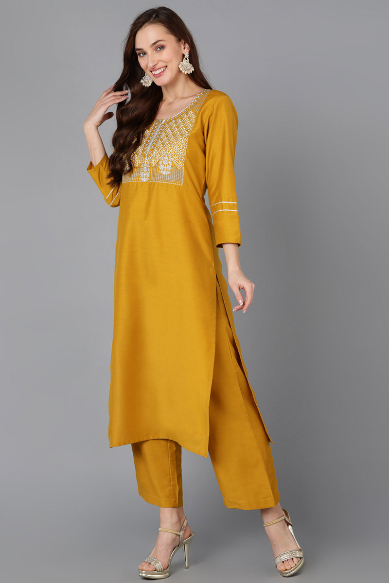 Mustard Silk Blend Straight Kurta Palazzo With Dupatta | SHOBITAM