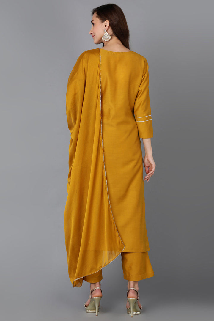 Mustard Silk Blend Straight Kurta Palazzo With Dupatta | SHOBITAM