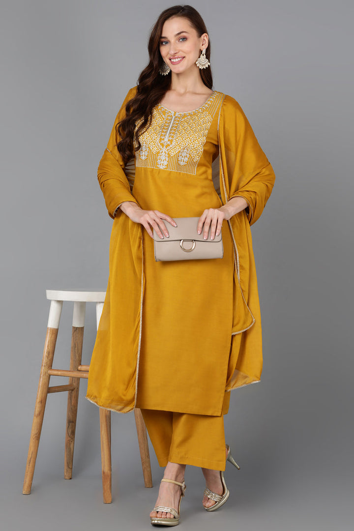 Mustard Silk Blend Straight Kurta Palazzo With Dupatta | SHOBITAM