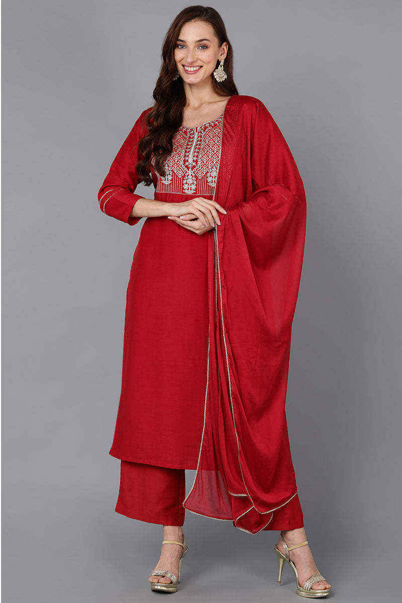 Red Silk Blend Straight Kurta Palazzo With Dupatta   | SHOBITAM