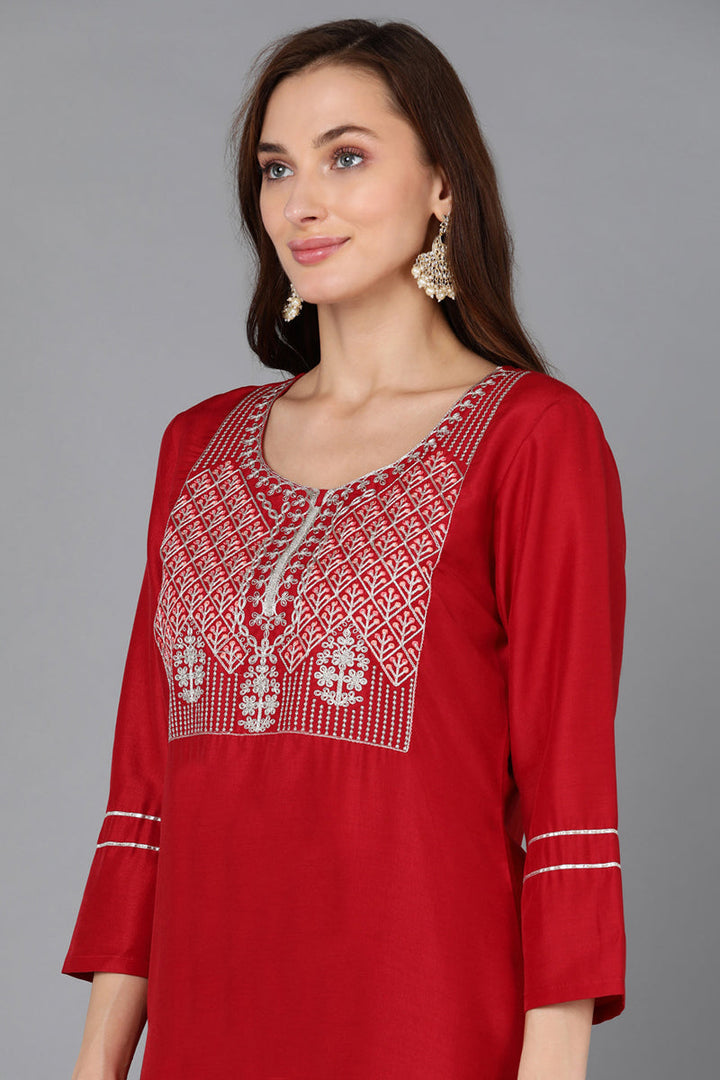 Red Silk Blend Straight Kurta Palazzo With Dupatta   | SHOBITAM