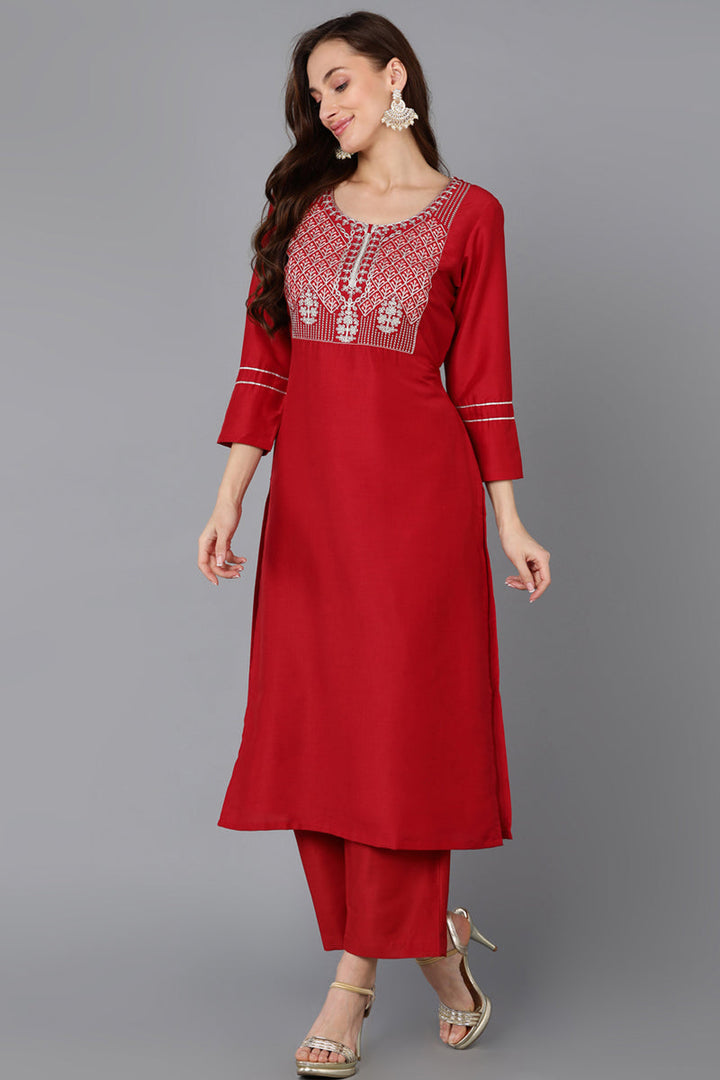 Red Silk Blend Straight Kurta Palazzo With Dupatta   | SHOBITAM