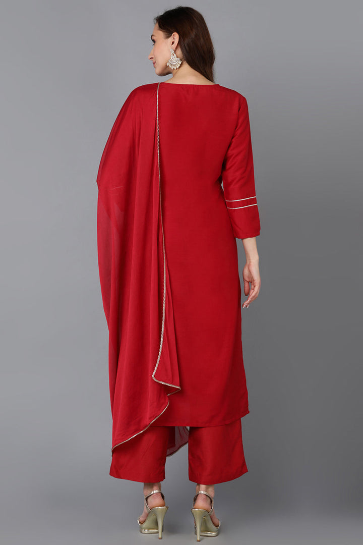 Red Silk Blend Straight Kurta Palazzo With Dupatta   | SHOBITAM
