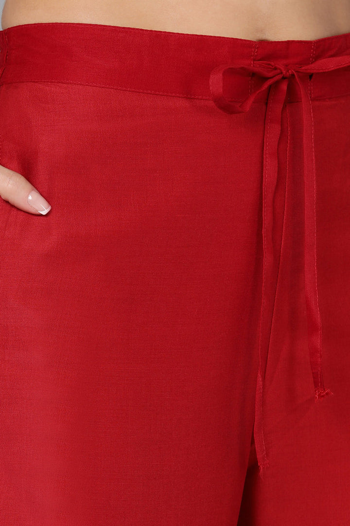 Red Silk Blend Straight Kurta Palazzo With Dupatta   | SHOBITAM