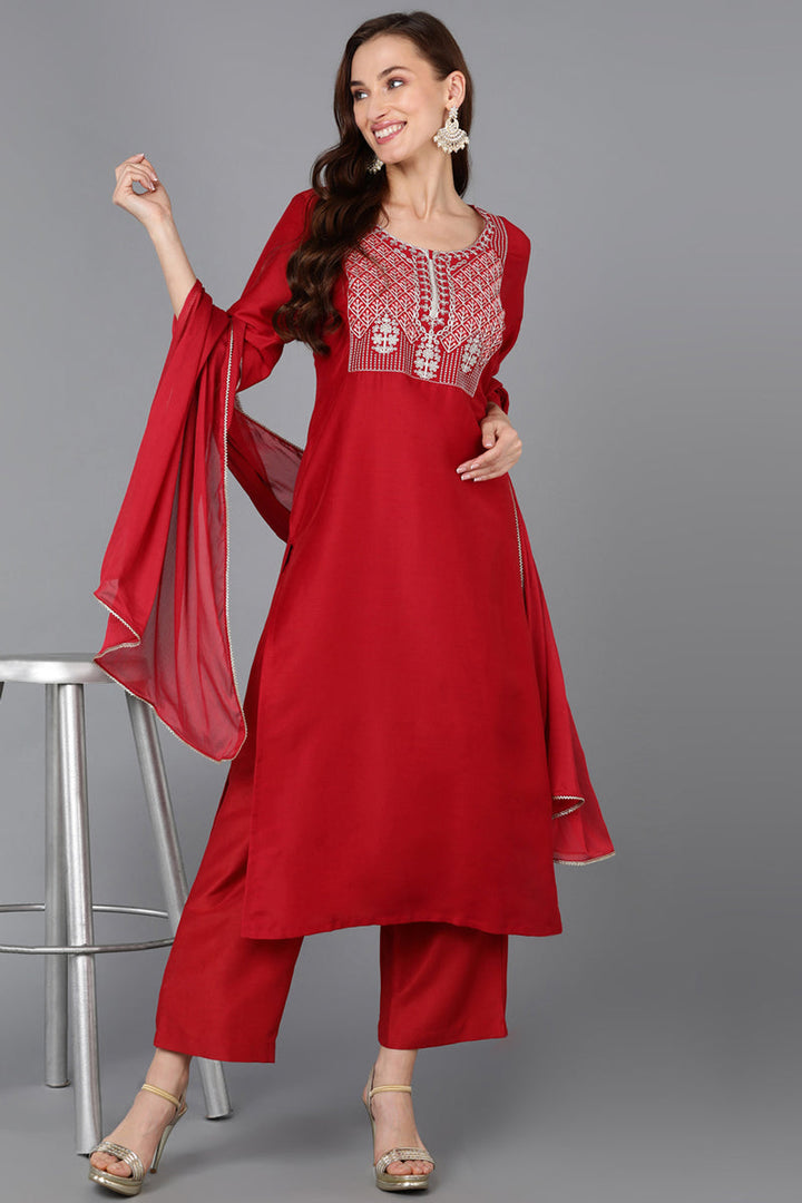 Red Silk Blend Straight Kurta Palazzo With Dupatta   | SHOBITAM