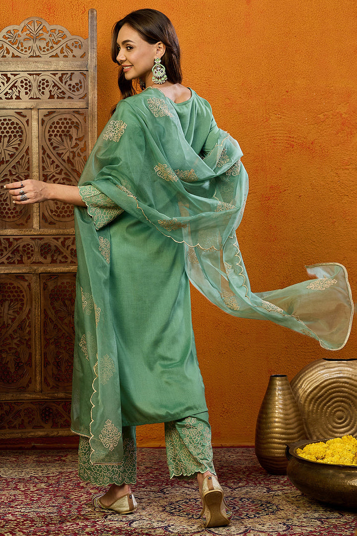 Green Silk Blend Floral Straight Suit Set | SHOBITAM