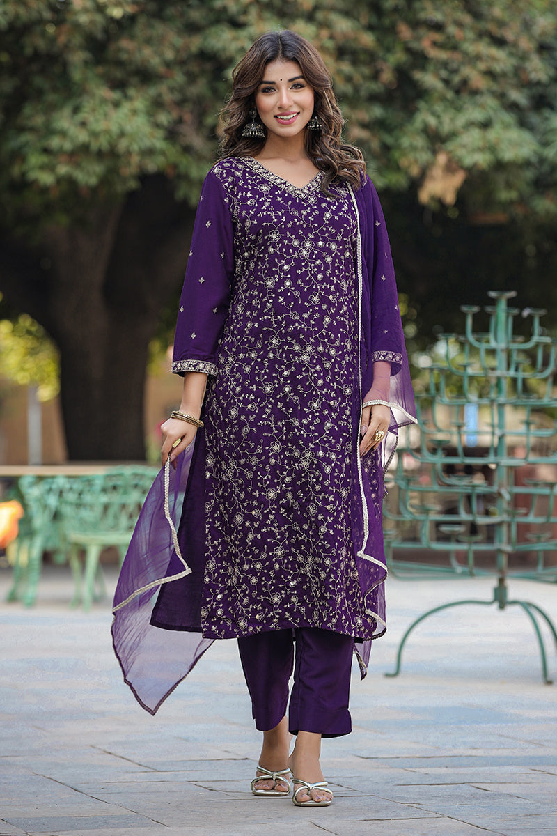 Purple Silk Blend Ethnic Motifs Straight Suit Set | SHOBITAM