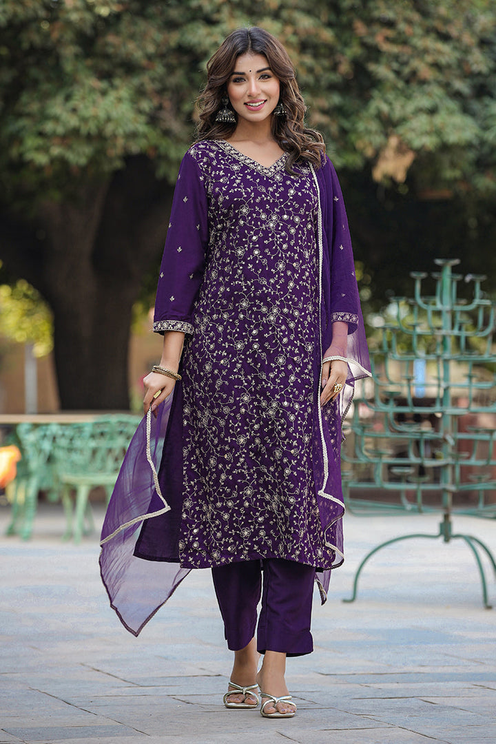 Purple Silk Blend Ethnic Motifs Straight Suit Set | SHOBITAM