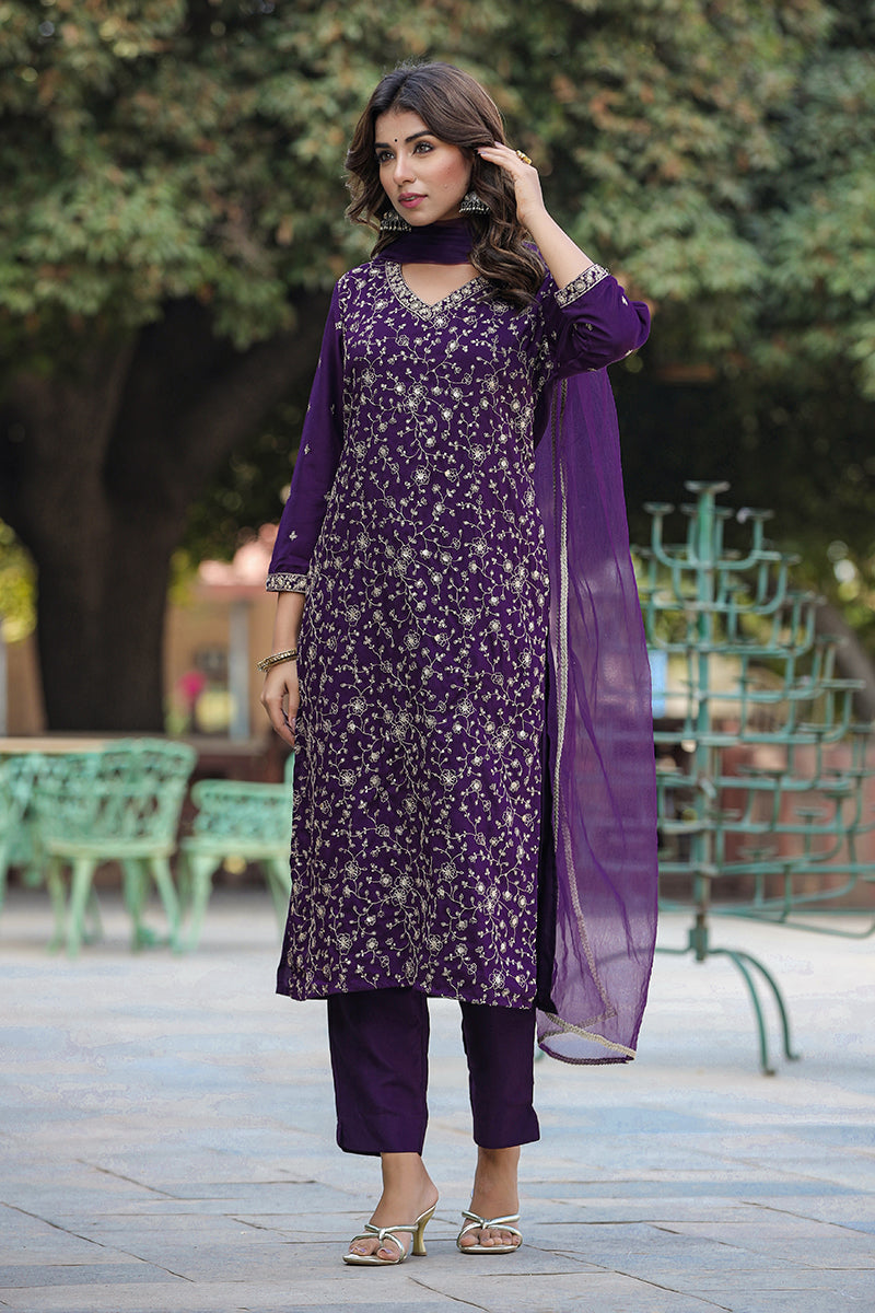 Purple Silk Blend Ethnic Motifs Straight Suit Set | SHOBITAM