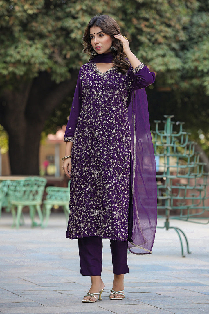 Purple Silk Blend Ethnic Motifs Straight Suit Set | SHOBITAM