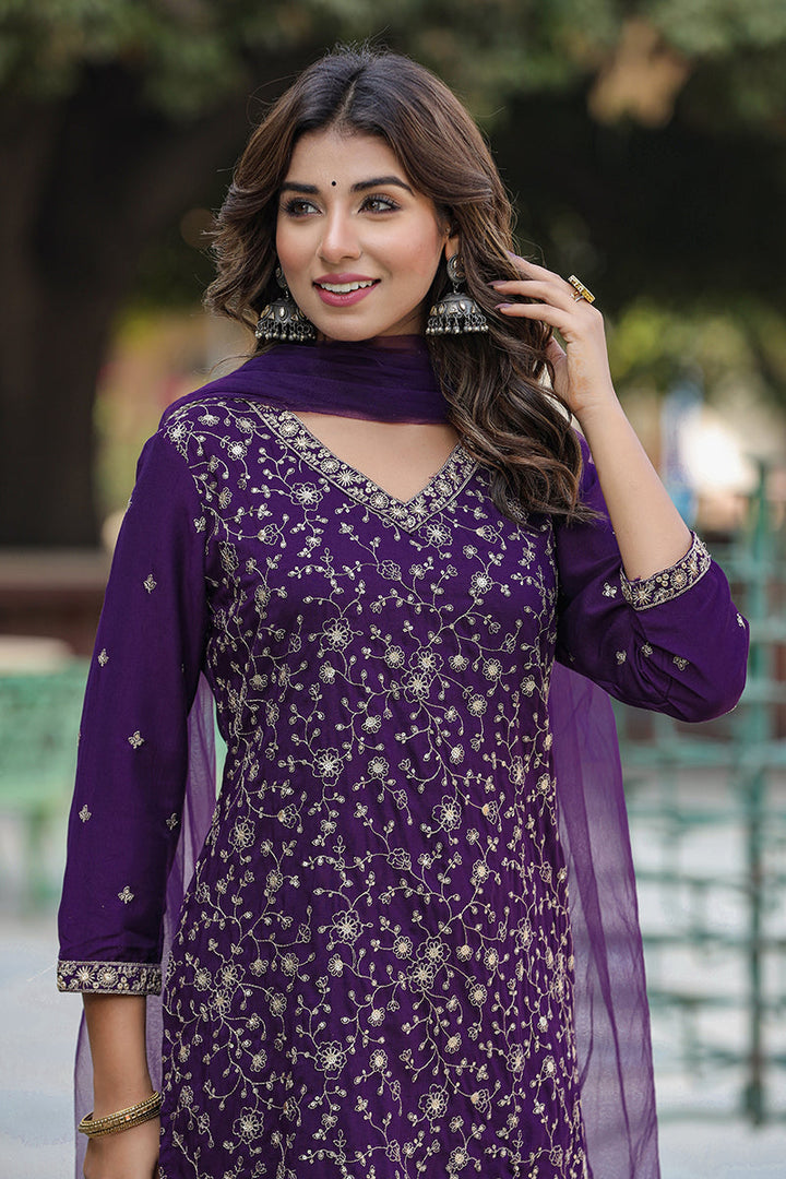 Purple Silk Blend Ethnic Motifs Straight Suit Set | SHOBITAM