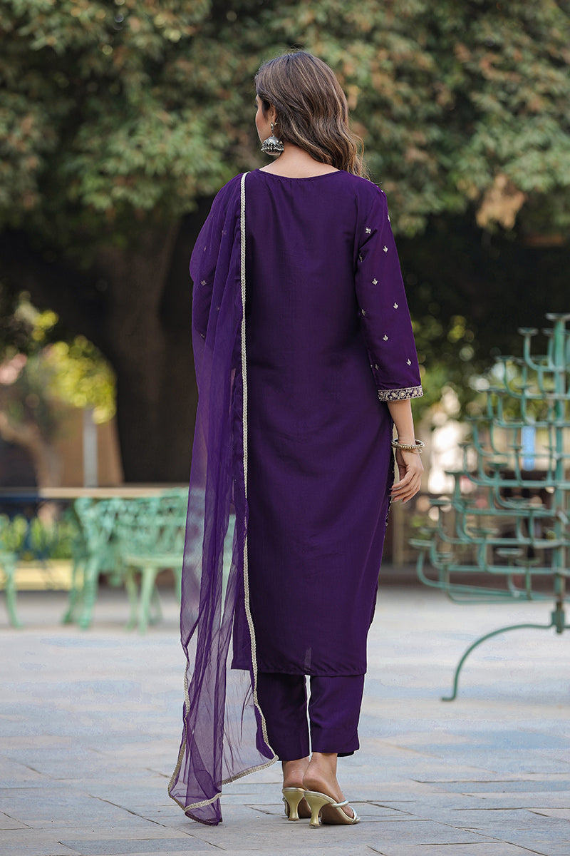 Purple Silk Blend Ethnic Motifs Straight Suit Set | SHOBITAM