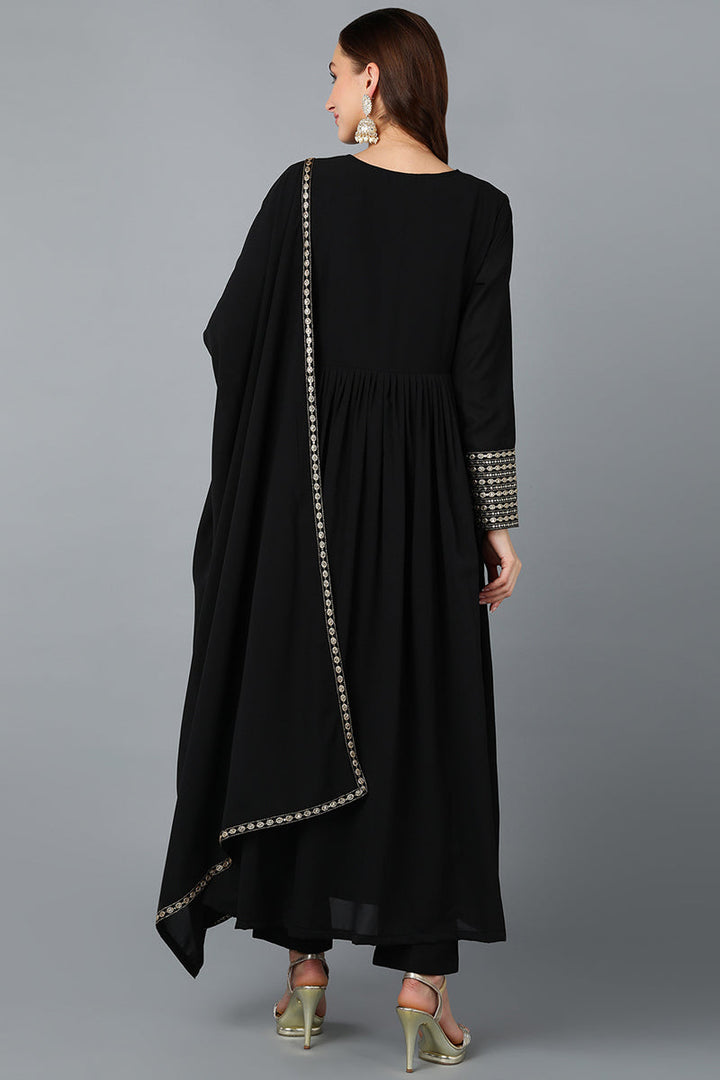 Black Georgette Sequinned Flared Suit Set | SHOBITAM