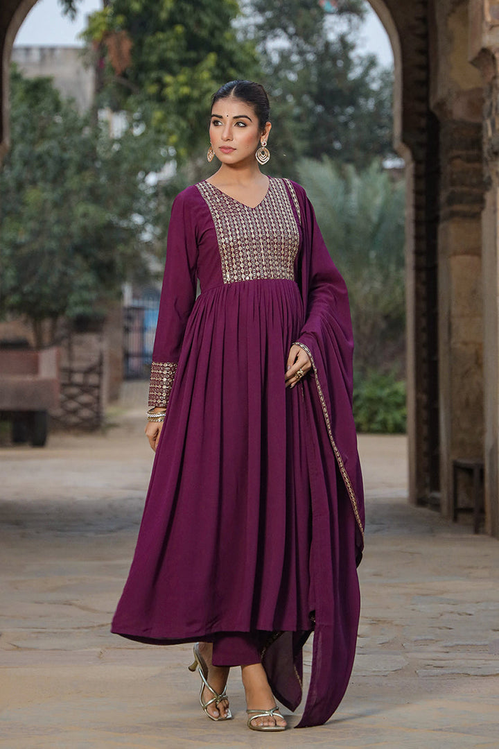 Burgundy Georgette Yoke Design Kurta Pant With Dupatta | SHOBITAM