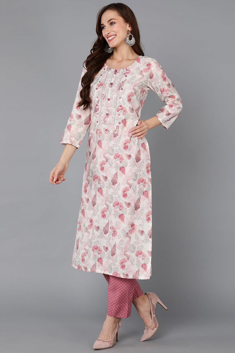 Off White Silk Blend Floral Straight Kurta Pant With Dupatta | SHOBITAM