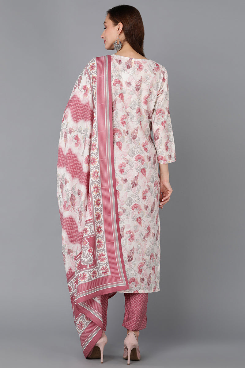 Off White Silk Blend Floral Straight Kurta Pant With Dupatta | SHOBITAM