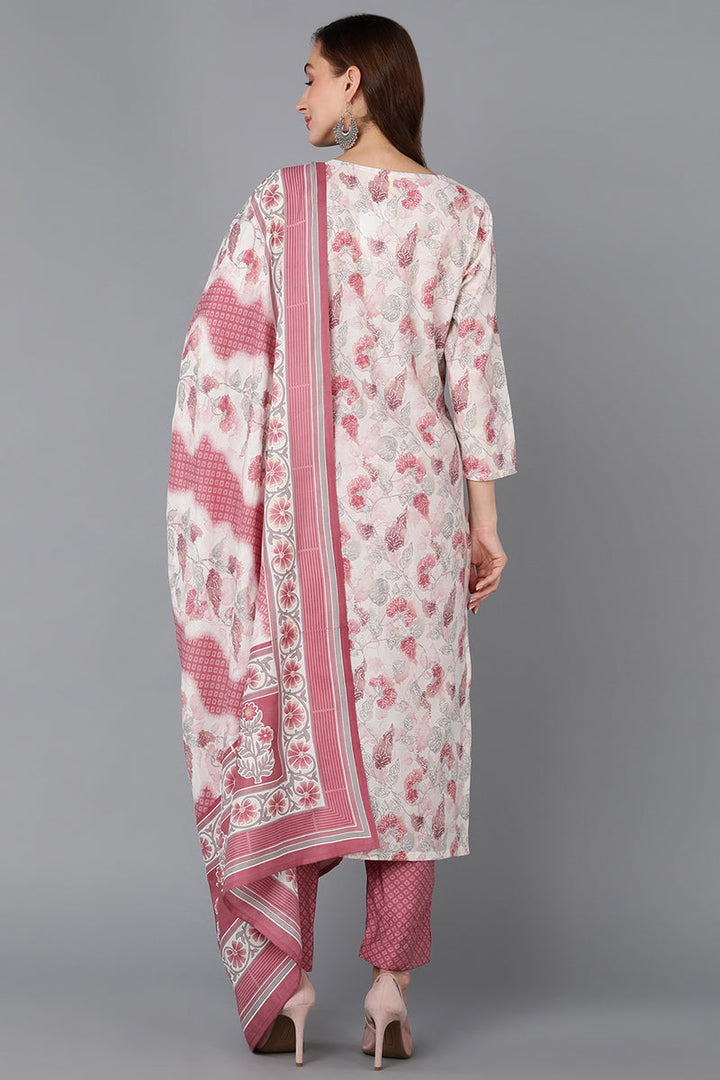 Off White Silk Blend Floral Straight Kurta Pant With Dupatta | SHOBITAM