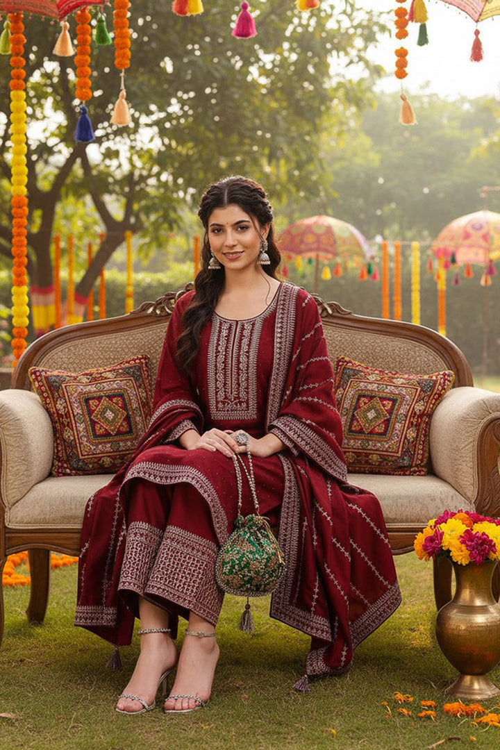 Maroon Silk Blend Straight Kurta Palazzo With Dupatta | SHOBITAM