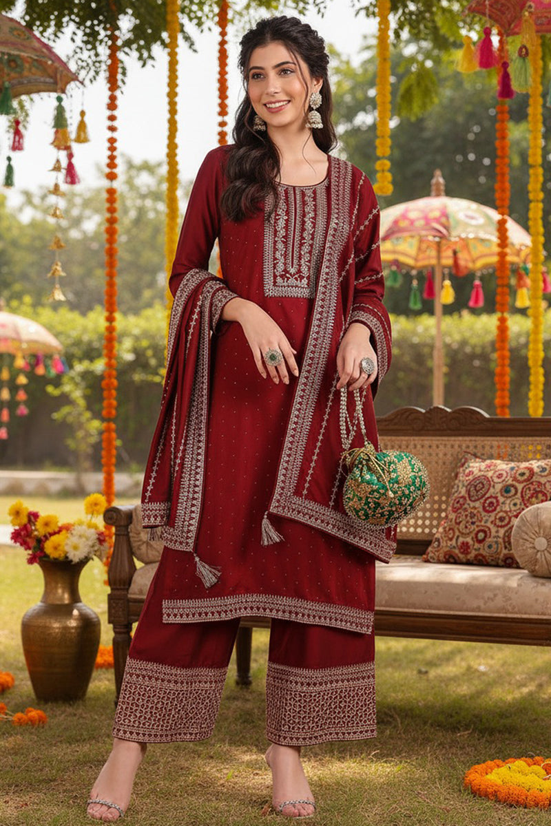 Maroon Silk Blend Straight Kurta Palazzo With Dupatta | SHOBITAM