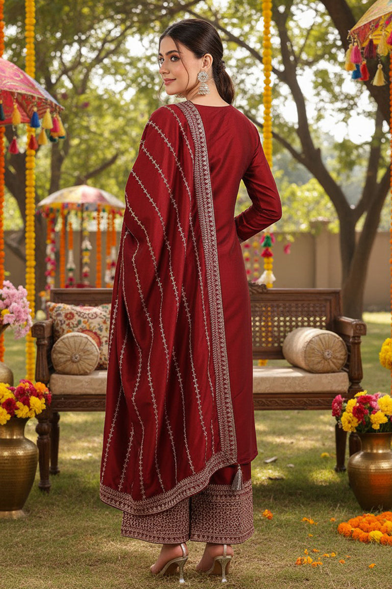 Maroon Silk Blend Straight Kurta Palazzo With Dupatta | SHOBITAM