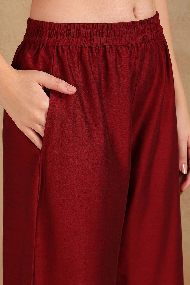 Maroon Silk Blend Straight Kurta Palazzo With Dupatta | SHOBITAM