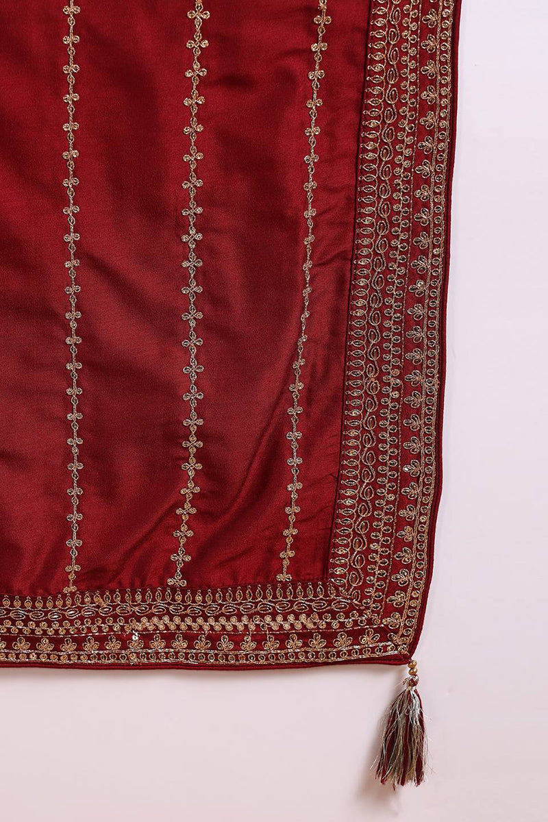 Maroon Silk Blend Straight Kurta Palazzo With Dupatta | SHOBITAM