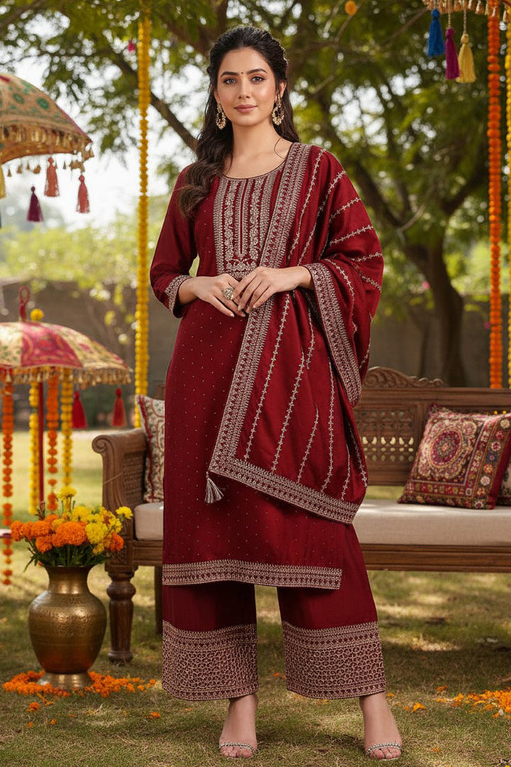 Maroon Silk Blend Straight Kurta Palazzo With Dupatta | SHOBITAM