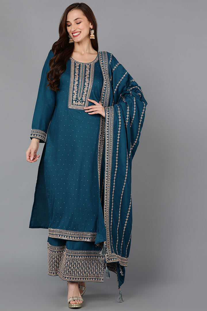 Teal Silk Blend Straight Kurta Palazzo With Dupatta | SHOBITAM