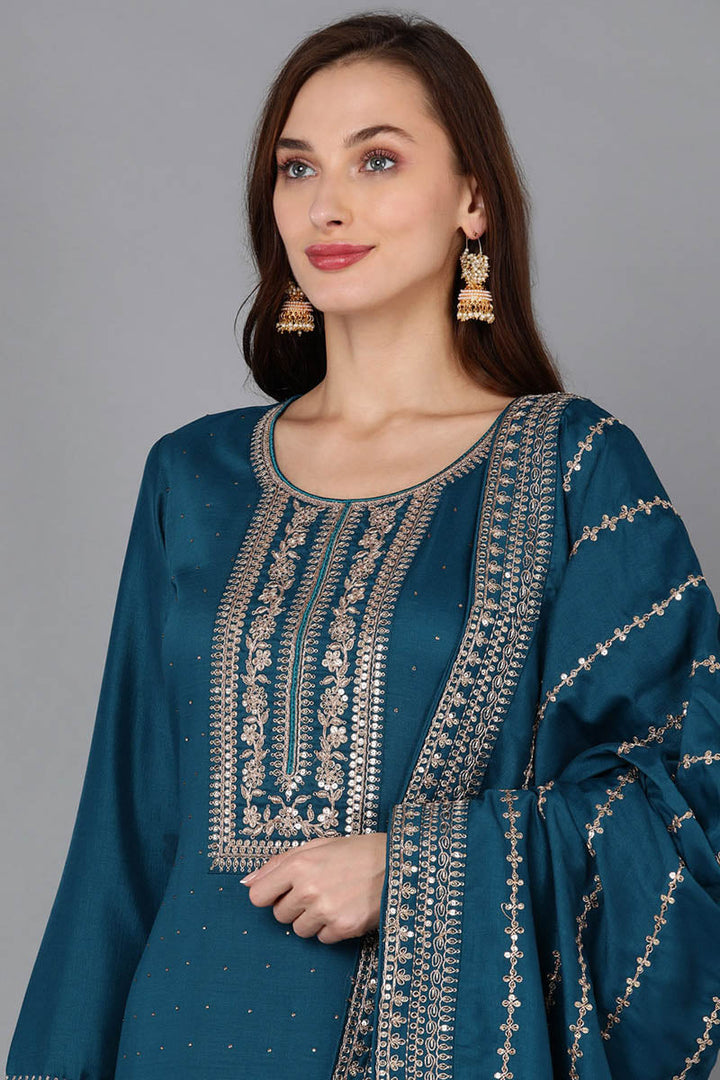 Teal Silk Blend Straight Kurta Palazzo With Dupatta | SHOBITAM
