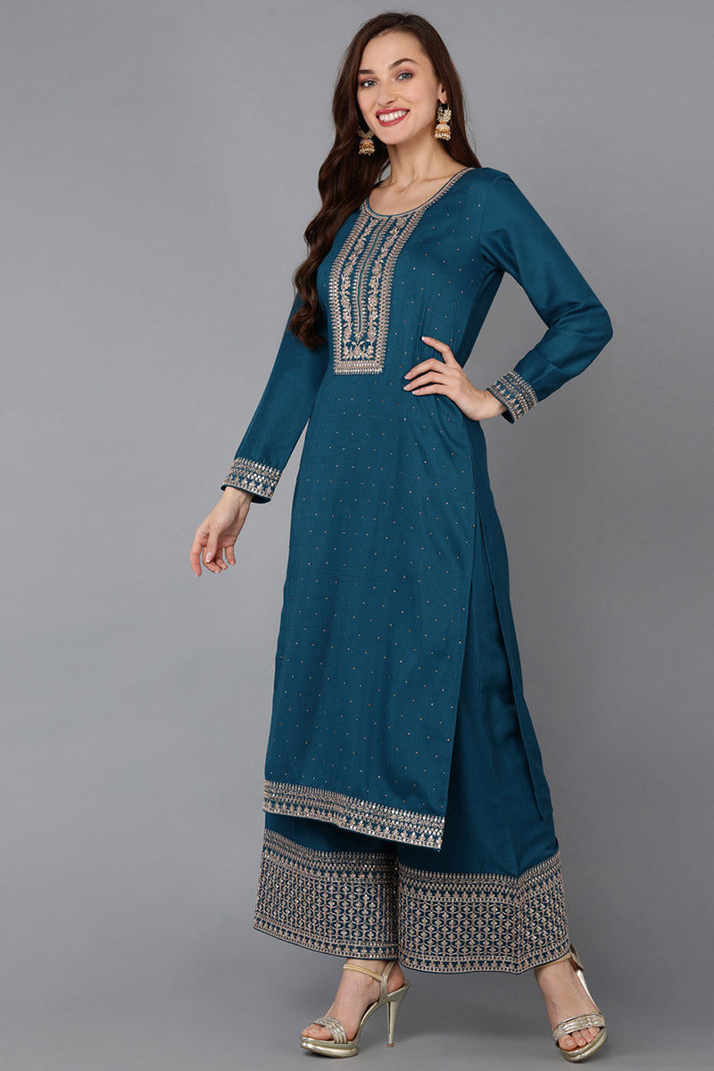Teal Silk Blend Straight Kurta Palazzo With Dupatta | SHOBITAM
