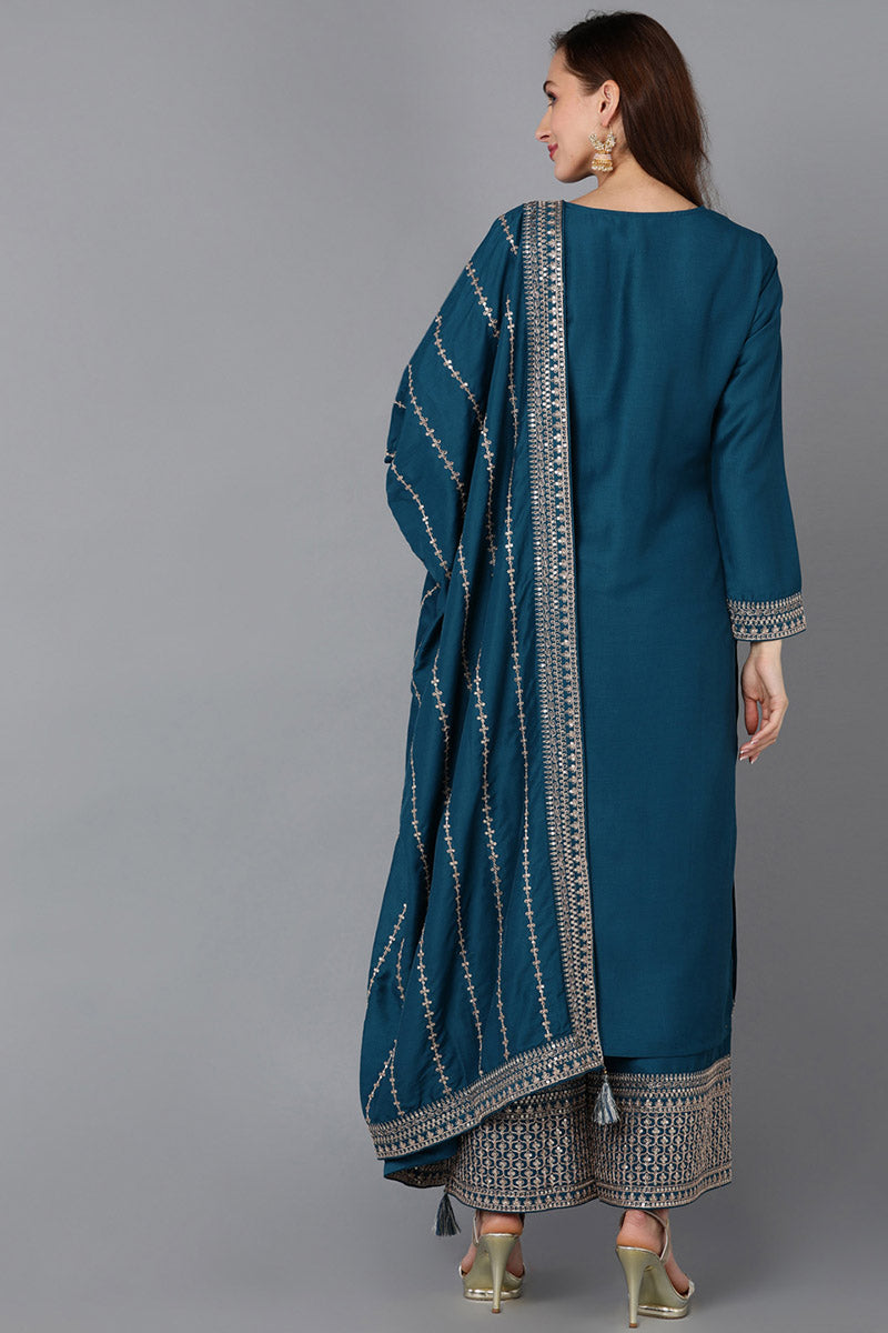 Teal Silk Blend Straight Kurta Palazzo With Dupatta | SHOBITAM