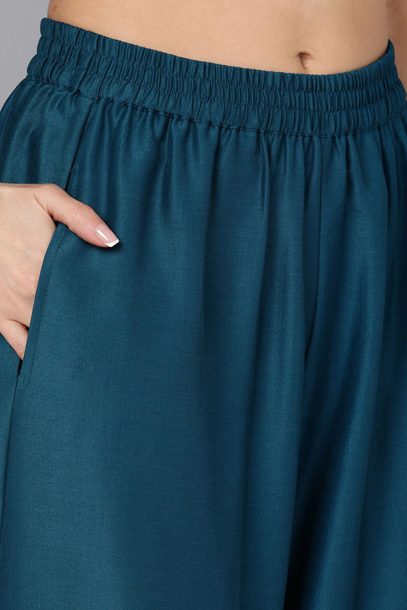 Teal Silk Blend Straight Kurta Palazzo With Dupatta | SHOBITAM