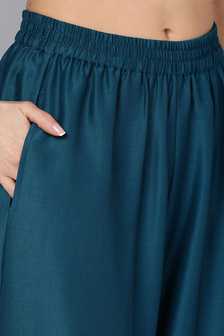 Teal Silk Blend Straight Kurta Palazzo With Dupatta | SHOBITAM