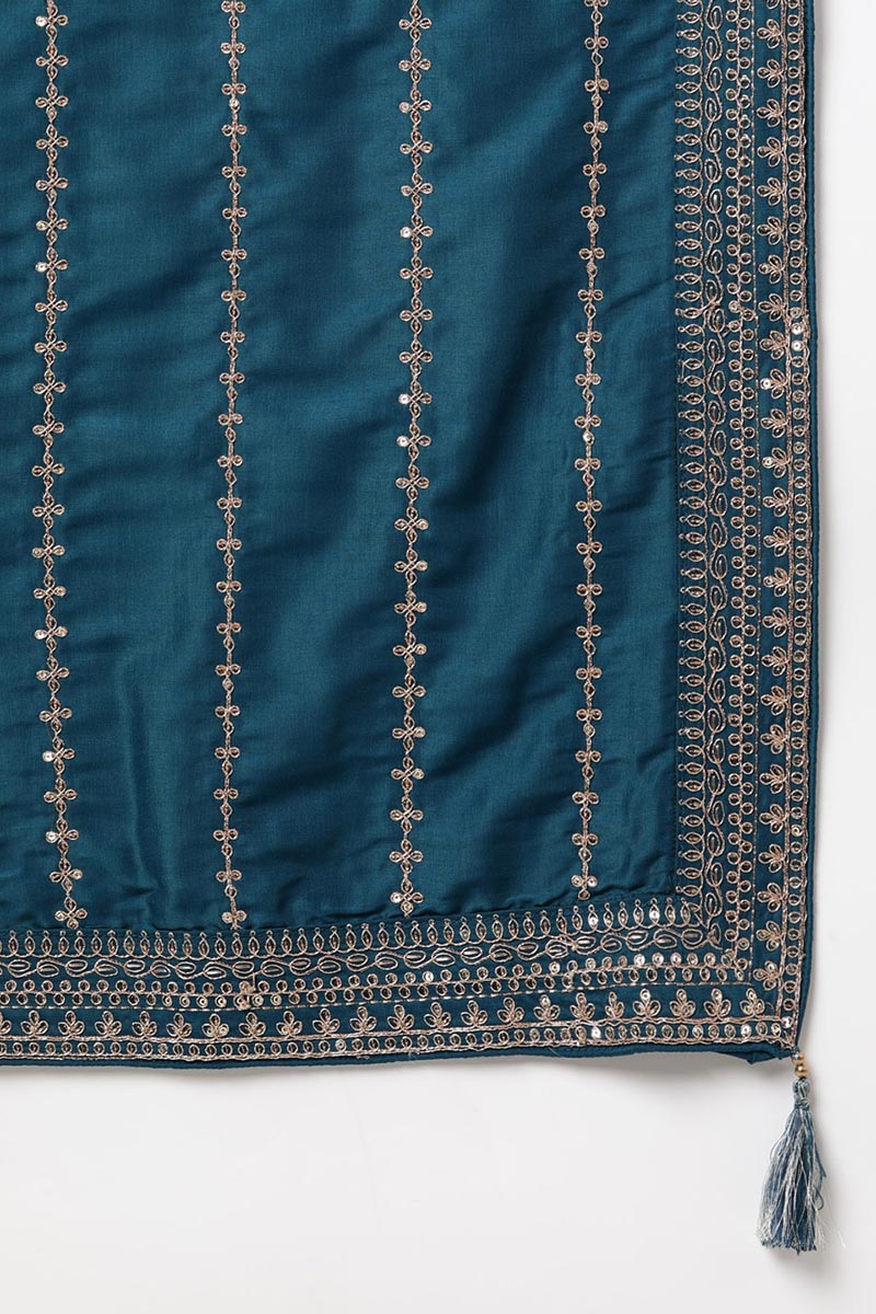 Teal Silk Blend Straight Kurta Palazzo With Dupatta | SHOBITAM