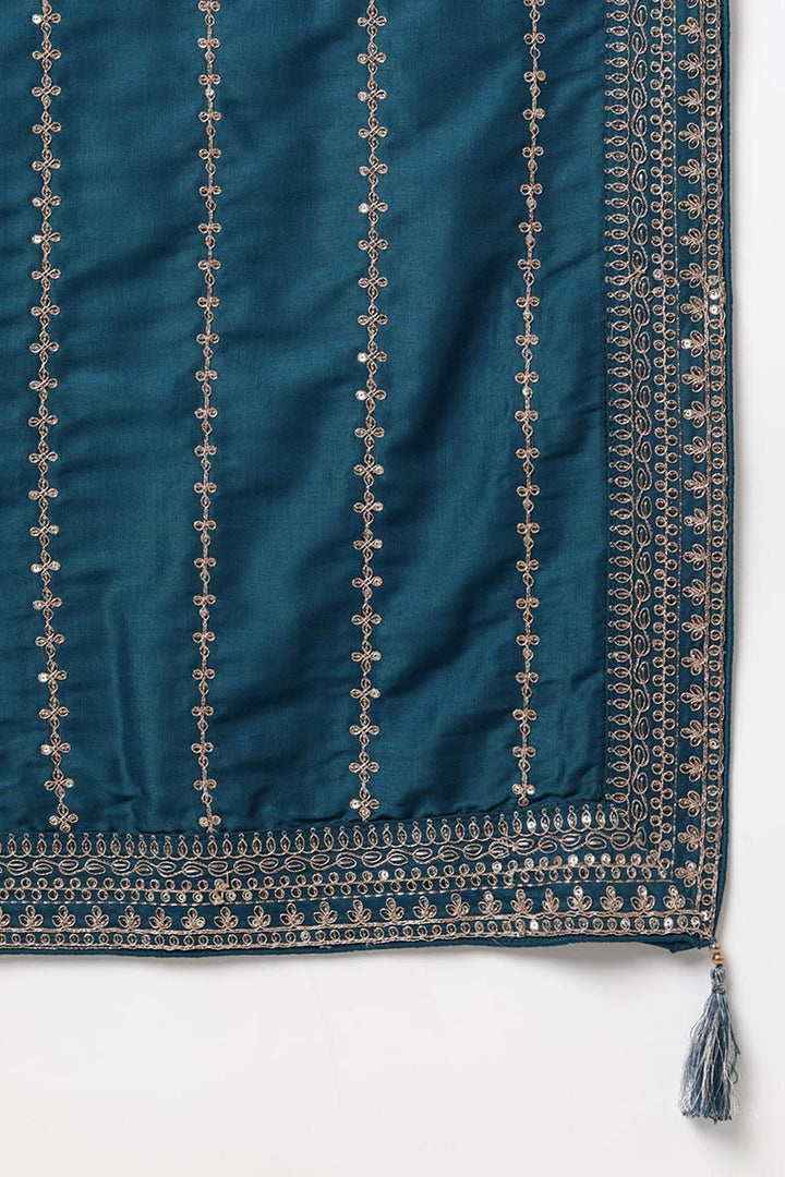 Teal Silk Blend Straight Kurta Palazzo With Dupatta | SHOBITAM